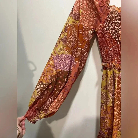 AURA maxi dress patchwork boho rust long sleeves smocked paisley stretchy - Picture 4 of 7